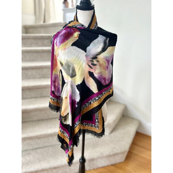 Chicos Black Orange Purple Orchid Floral Print Shawl Wrap Scarf - Picture 1 of 6
